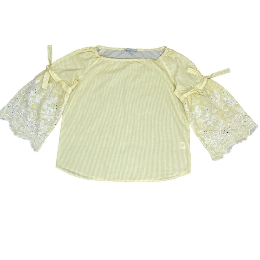 Fever Boho Peasant Blouse with Embroidered Bell Sleeves Yellow White Striped L - Picture 3 of 16